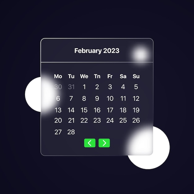 Kalender 2023 jaar februari maand stijl van glasmorfisme Kan worden gebruikt voor zakelijke presentatie of reclame Vectorillustratie