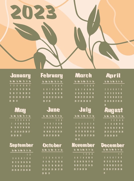 Kalender 2023 met abstracte planten Week begint op zondag