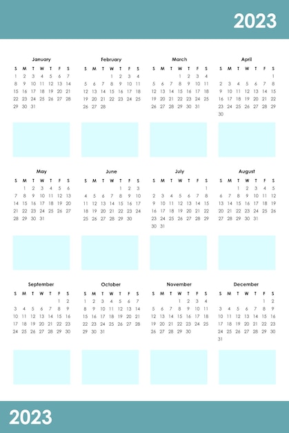 Kalender 2023 met blauwe en zwarte kleuren