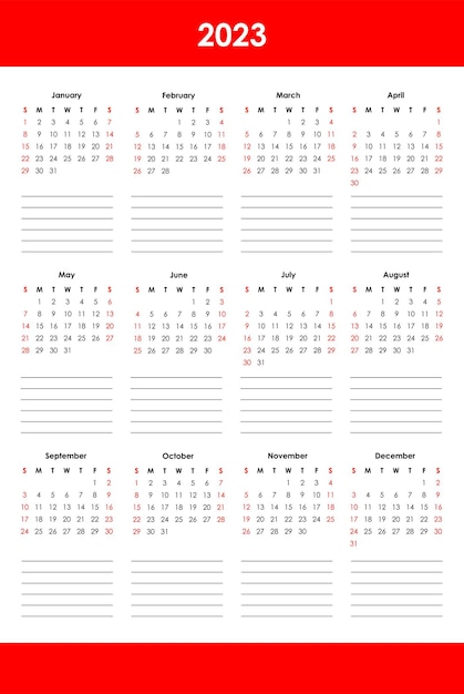 Vector kalender 2023 met notitielijnen in rode en zwarte kleuren