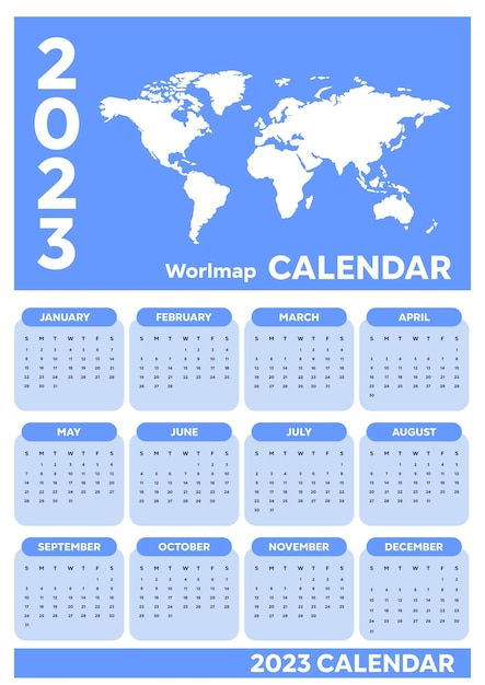 Kalender 2023 met wereldkaart en in blauw