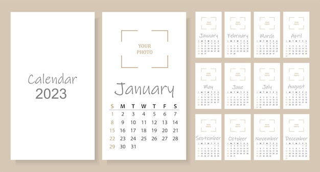 Kalender 2023 Modieuze minimalistische stijl. Een set van 12 pagina's van een desktopkalender.