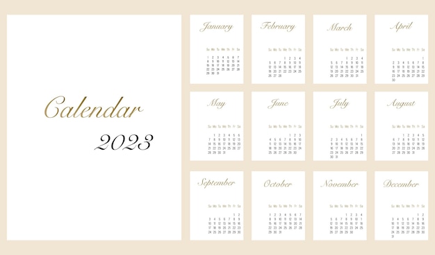 Vector kalender 2023. set van 12 pagina's. minimalistische stijl. gouden inscripties. vector illustratie