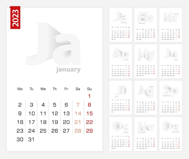 Kalender 2023 sjabloon minimalistische kalender ingesteld voor 2023 jaar