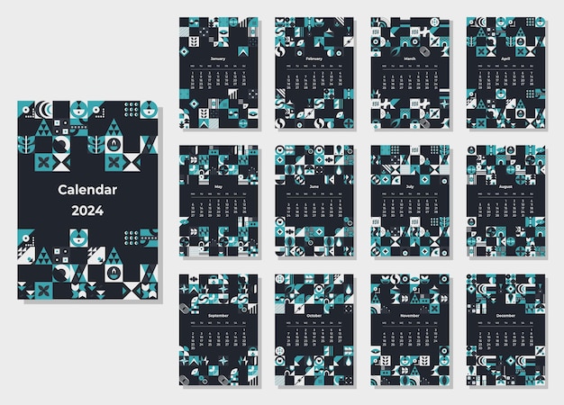 Kalender 2024 geometrische patronen maandelijkse kalendersjabloon voor 2024 jaar met geometrische vormen