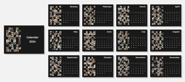 Kalender 2024 geometrische patronen Maandelijkse kalendersjabloon voor 2024 jaar met geometrische vormen