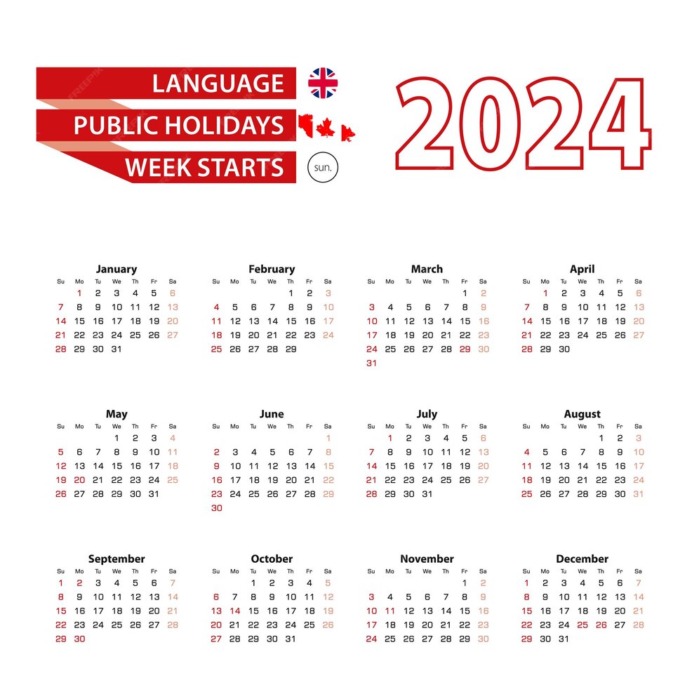 Kalender 2024 in de Engelse taal met feestdagen in het land Canada in