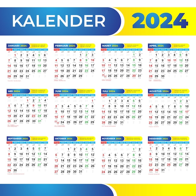 Kalender 2024 Indonesië met rode data en Javaanse Hijriyah-vakanties