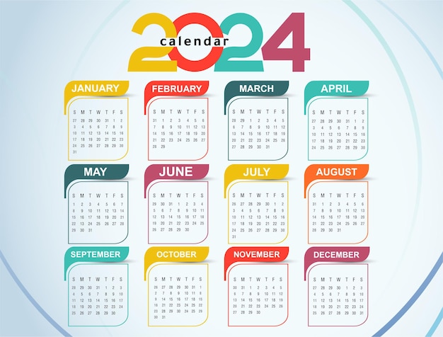 Kalender 2024 maandelijkse sjabloon Nieuwjaar schone jaarlijkse vectorillustratie geïsoleerd