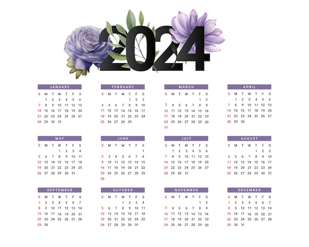 Kalender 2024 met eenvoudige kleurrijke bloemen