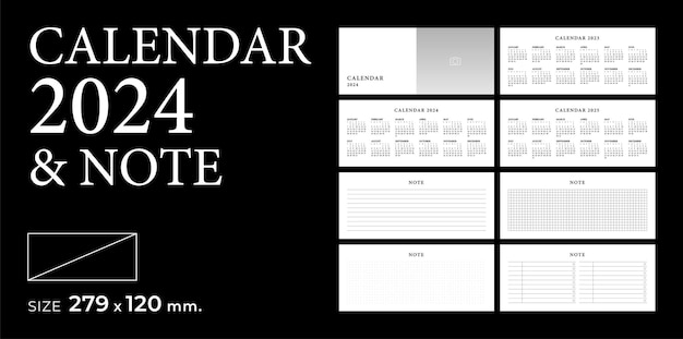 Kalender 2024 amp note sjabloon planner vector dagboek in een minimalistische stijl Landschap