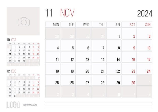 Vector kalender 2024 planner corporate sjabloon ontwerp november maand