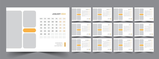 Kalender 2024 planner corporate sjabloon ontwerpset Week begint op maandag sjabloon voor jaarlijkse cale