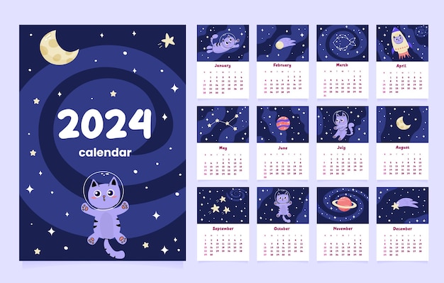 Vector kalender 2024 sjabloon met schattige kat astronaut