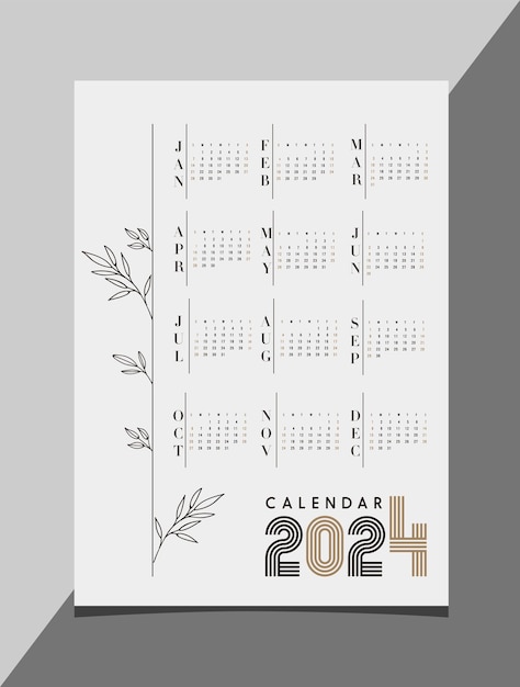 Kalender 2024 sjabloon platte handgetekende bladeren