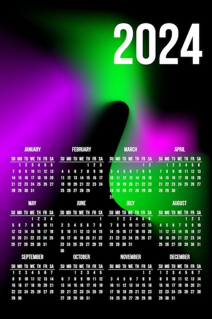 Kalender 2024 sjabloonontwerp op abstracte achtergrond groen violet kleurverloopvorm op zwart