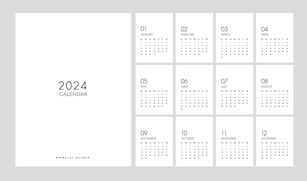 Vector kalender 2024 trendy minimalist style set van 12 pagina's bureau 2024 minimale kalender planing vector voor het afdrukken van sjabloon