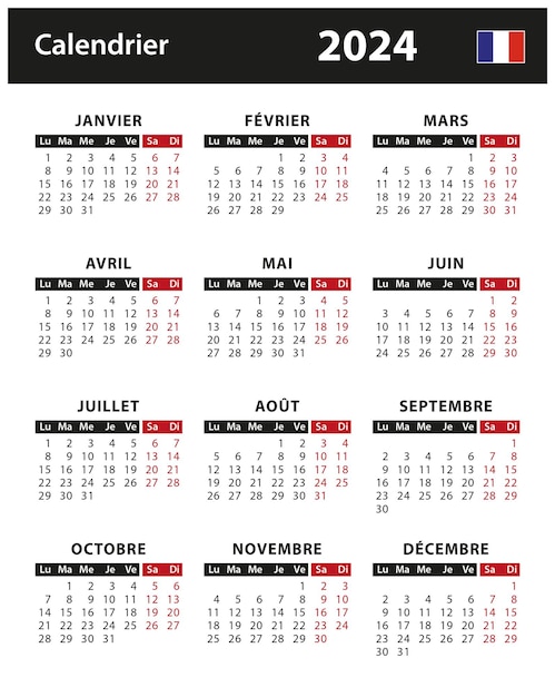 Kalender 2024 - vectorvoorraadillustratie. Frankrijk, Franse versie