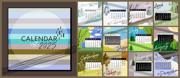 Kalender 2025 Kleurrijke maandelijkse kalender met verschillende landschappen Cover en 12 maandelijkse pagina's