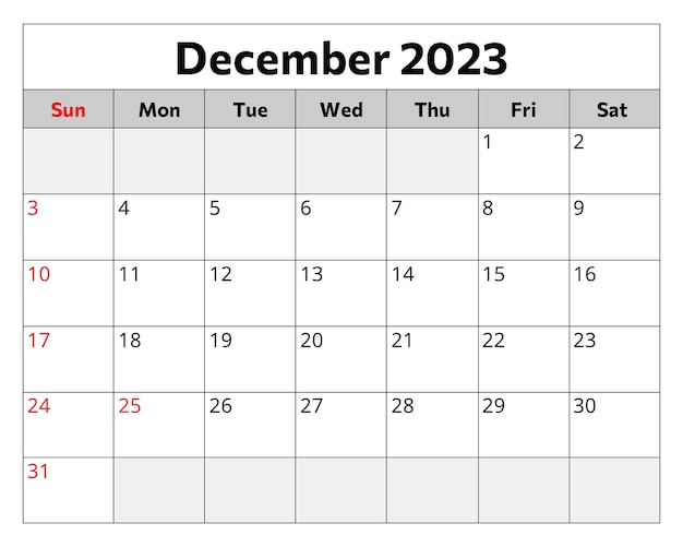 Kalender december 2023 Vectorillustratie Maandelijkse planning voor uw zakelijke evenementen