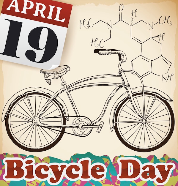 Vector kalender en retro fiets met lsd formule voor bicycle day op 19 april