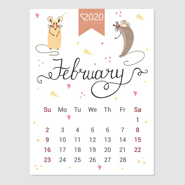 Kalender februari 2020 Leuke maandkalender met rat Handgetekende stijlkarakters Jaar van de rat