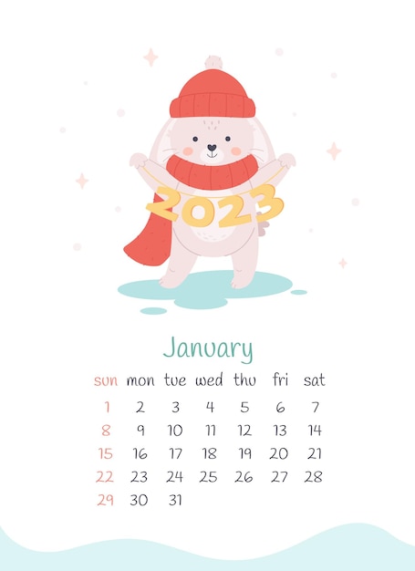 Kalender januari 2023. Leuk konijntje wenst een gelukkig nieuwjaar. Het jaar van het konijn,