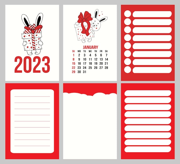 Vector kalender januari 2023 met schattig konijn met cadeau- en plannerpagina's notities te doen lijst week vanaf zondag