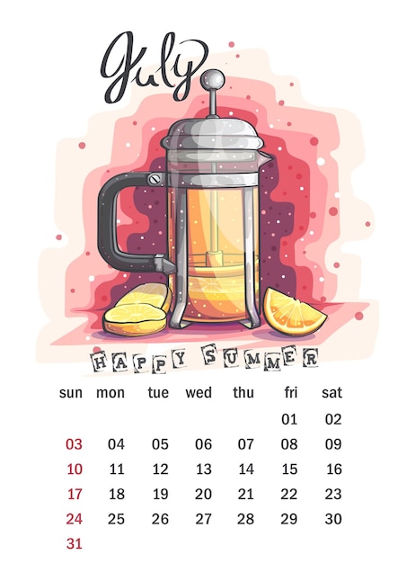 Kalender juli 2022 glas met teamint, sinaasappel, citroen