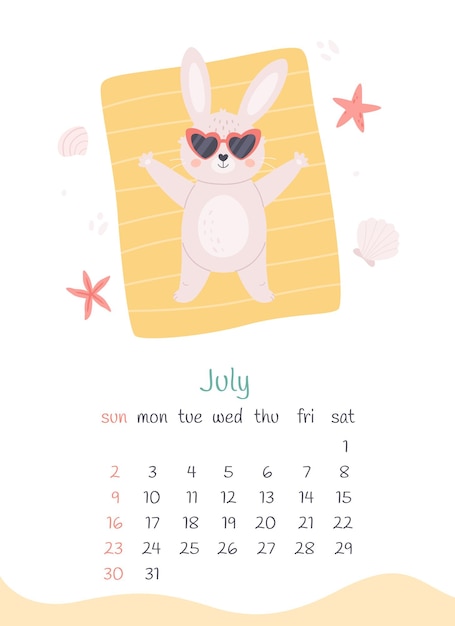 Kalender juli 2023. Schattig konijntje in zonnebril zonnebaden op het strand. Zomervakantie, hallo zomer.