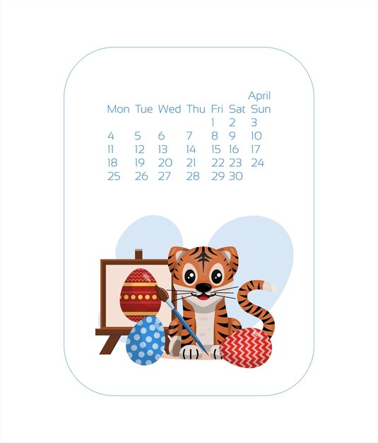 Kalender ontwerpsjabloon voor jaar van blauwe tijger Chinees Nieuwjaar april vector voorraad platte illustrati...