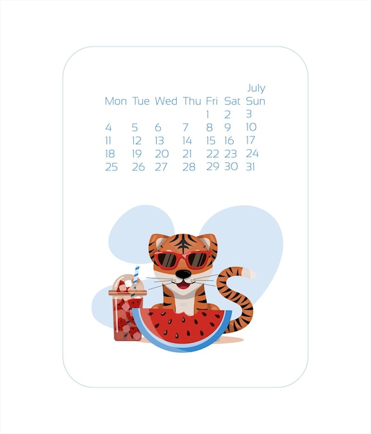 Kalender ontwerpsjabloon voor jaar van blauwe tijger Chinees Nieuwjaar juli vector voorraad platte illustratio...