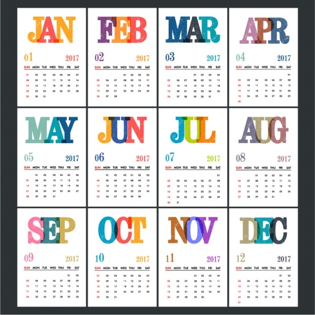 Kalender sjabloon met kleurrijke letters