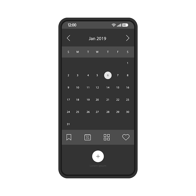 Kalender smartphone app interface vector sjabloon Mobiele herinnering toepassingspagina zwart ontwerp lay-out Digitale organisator afspraak planner scherm Flat UI Telefoon display