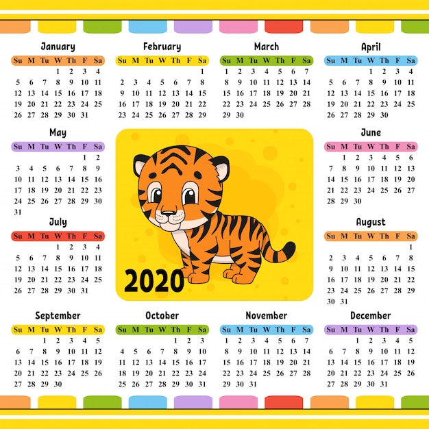 Kalender voor 2020 met een schattig karakter.