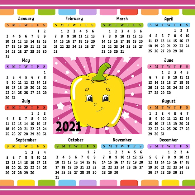 Kalender voor 2021 met een schattig karakter.