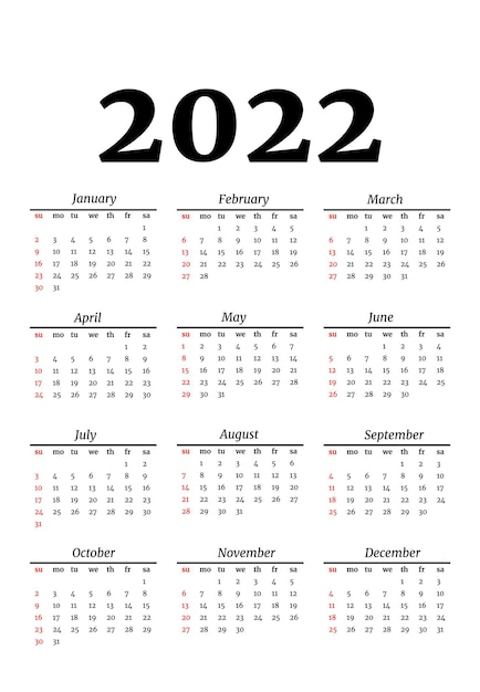 Kalender voor 2022 geïsoleerd op een witte achtergrond. zondag tot maandag, zakelijke sjabloon. vector illustratie