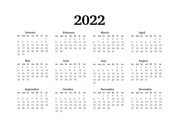 Kalender voor 2022 geïsoleerd op een witte achtergrond. Zondag tot maandag, zakelijke sjabloon. vector illustratie