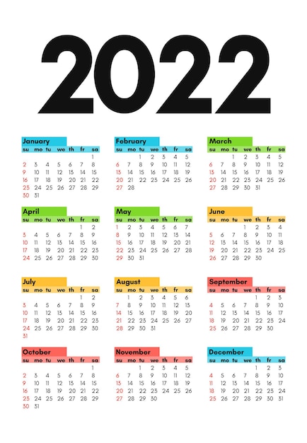 Kalender voor 2022 geïsoleerd op een witte achtergrond. Zondag tot maandag, zakelijke sjabloon. vector illustratie