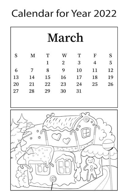 Kalender voor 2022 Maand maart Vector kleurboek Peperkoekhuis sprookje voor kinderen