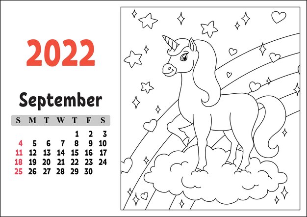 Kalender voor 2022 met een schattig karakter Fairy eenhoorn Kleurplaat