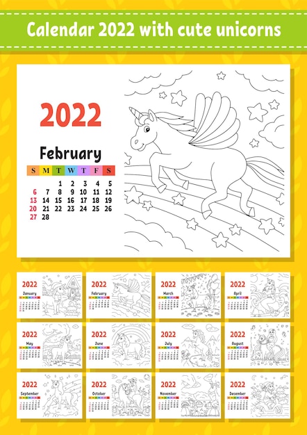 Kalender voor 2022 met een schattig karakter Fairy eenhoorn Kleurplaat