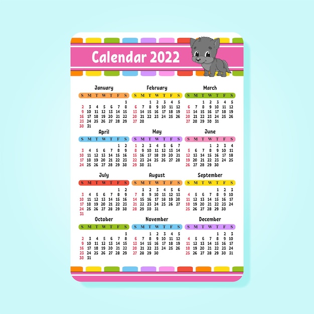 Kalender voor 2022 met een schattig karakter leuk en helder ontwerp