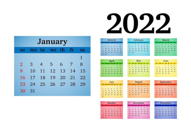 Kalender voor 2022 met grote januari geïsoleerd op een witte achtergrond. zondag tot maandag, zakelijke sjabloon. vector illustratie