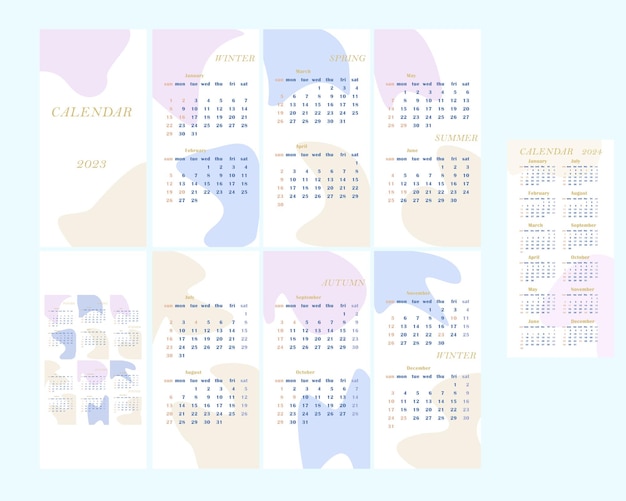 Kalender voor 2023 in abstracte stijl. Kalender met meerdere pagina's. Indeling.