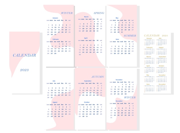 Vector kalender voor 2023 in abstracte stijl. wandkalender sjabloon. roze kleur vlekken.