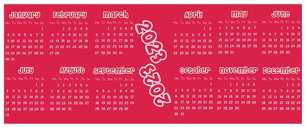 Vector kalender voor 2023 in de kleur van 2023 kalendersjabloon om in roze te printen voor 2023