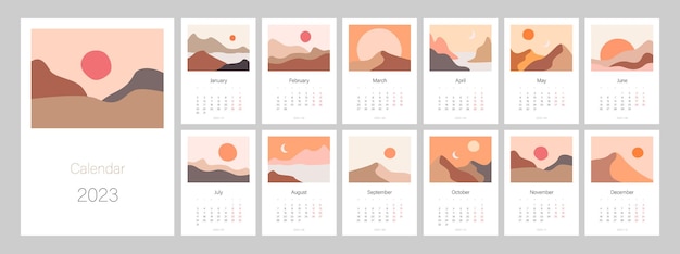 Kalender voor 2023 jaar Verticaal ontwerp met boho-landschappen Bewerkbare a3 Week begint op maandag