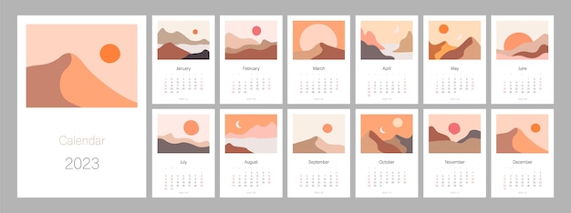 Kalender voor 2023 jaar Verticaal ontwerp met boho-landschappen Bewerkbare a3 Week begint op zondag