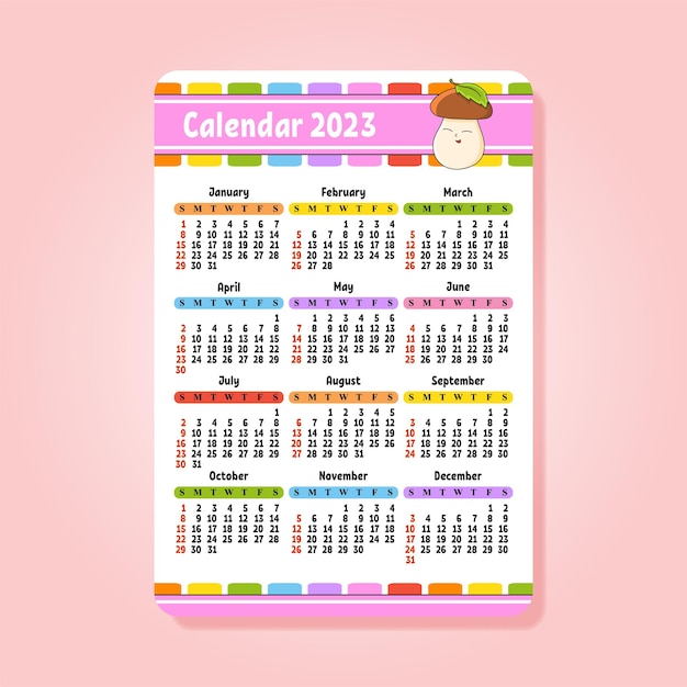 Kalender voor 2023 met een schattig karakter leuk en helder ontwerp cartoonstijl in zakformaat